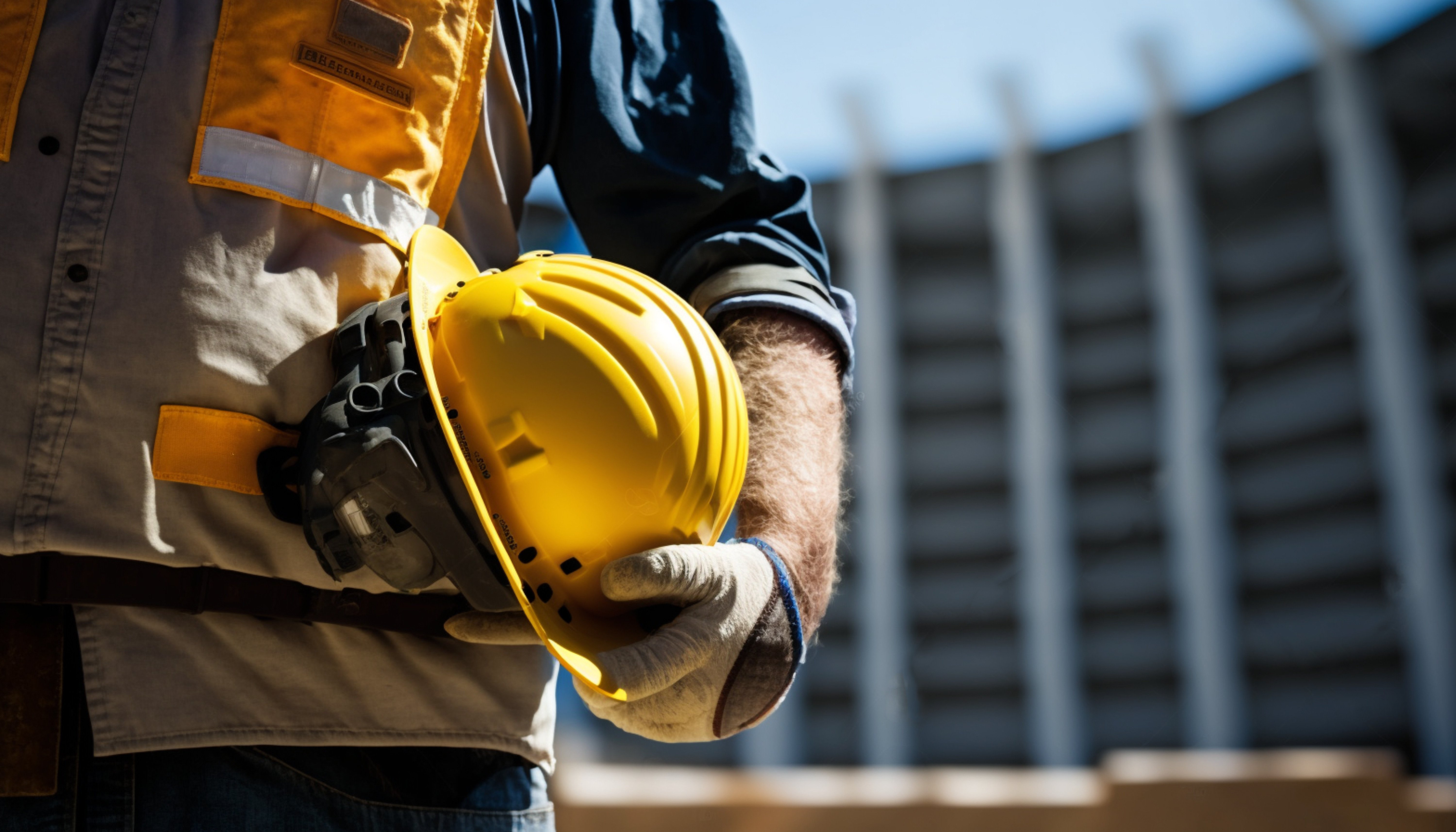 Subcontractor in orange safety vest holding yellow hardhat at site on jobsite