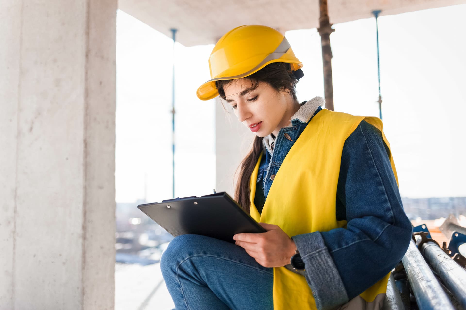 Woman contractors in yellow hard hat and safety vest reviews construction documents on clip board