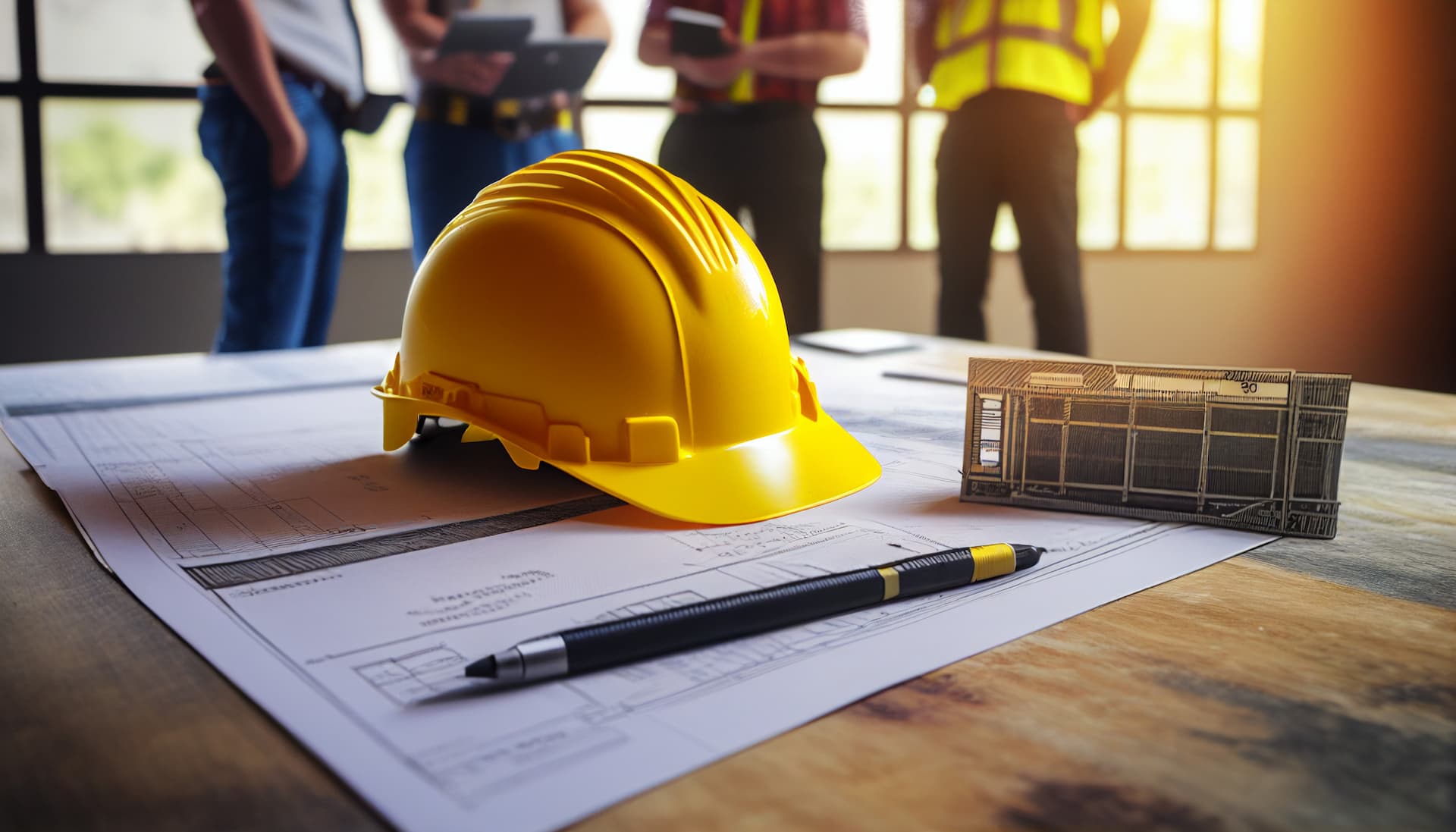Yellow hardhat and paperwork on a working table with four contractors in the background